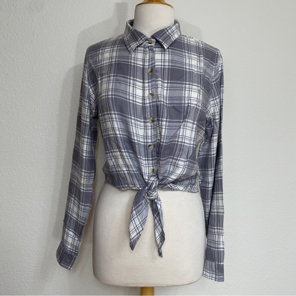 Style Envy Gray White Plaid Button Down Tie Front Crop Shirt Size Large Western